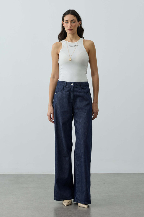 Kenarı Açılımlı Denim Pantolon Lacivert