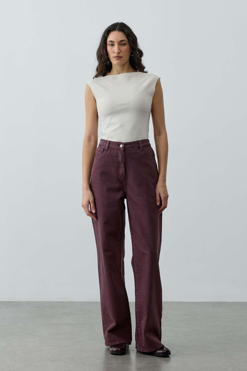 Yüksek Belli Straight Denim Pantolon Bordo