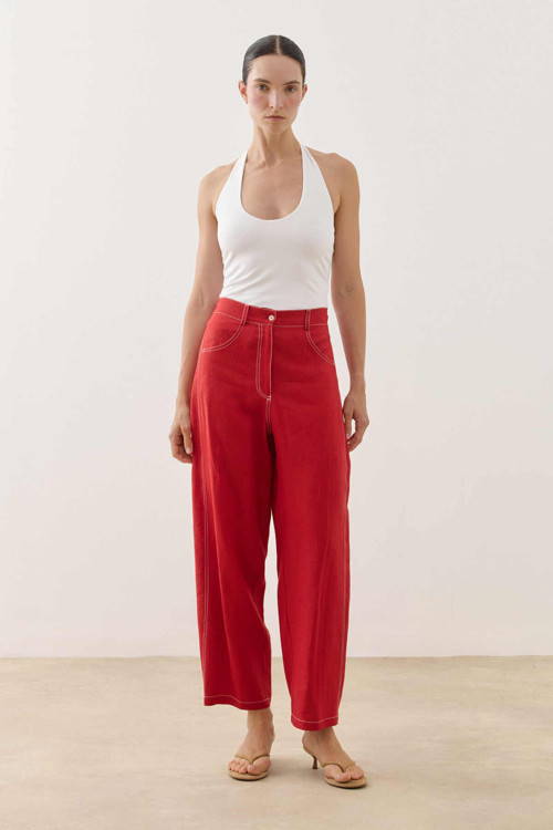 Keten Barrel Pantolon Kırmızı