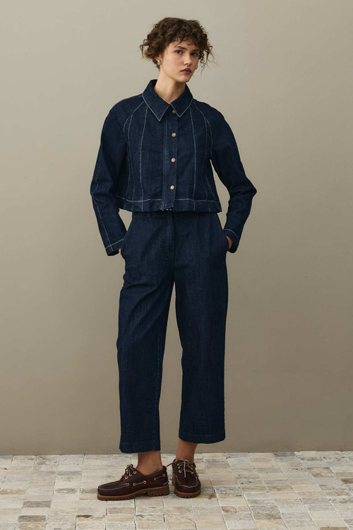 Godeli Crop Denim Ceket Koyu Mavi