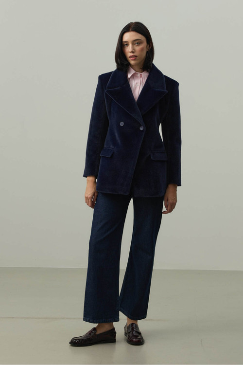 Kemerli Kaşe Blazer Ceket Lacivert