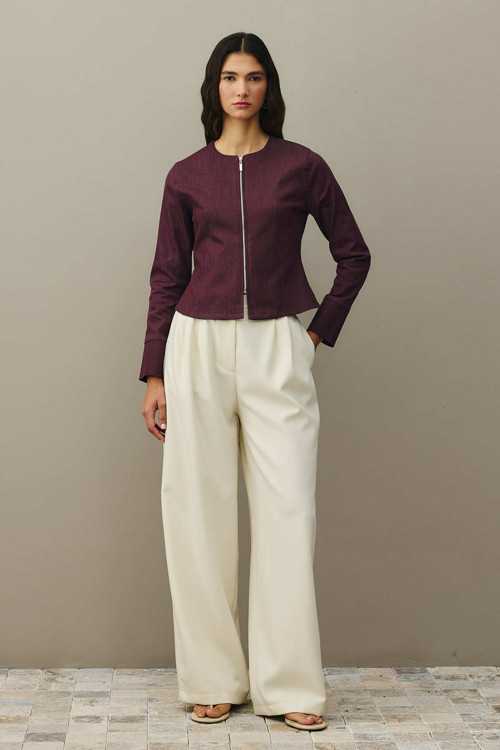 Fermuarlı Denim Üst Bordo