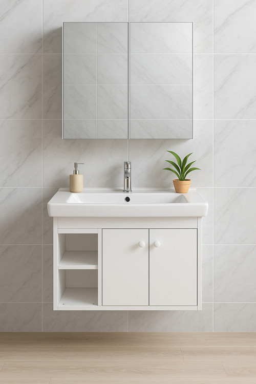 Lumina 85 Cm, Beyaz Renkli, Seramik Lavabolu, Alt - Üst Dolap, Banyo Dolabı Takımı.
