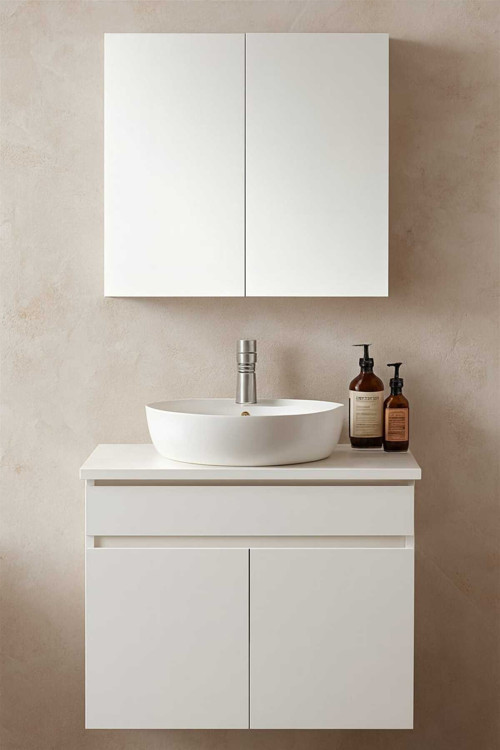 Oval 42 Cm Çanak Lavabolu, Tamamı Mdf, Beyaz Renkli, Aynalı Üst Dolaplı Banyo Dolabı Takımı