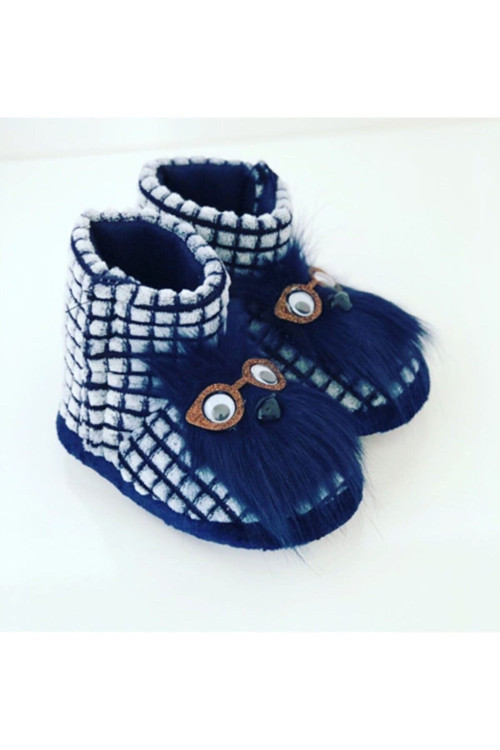 Çocuk Unisex Lacivert Hayvan Figürlü Yumuşak Ev Okul Ayakkabısı Polar Sevimli Esnek Kışlık Bot