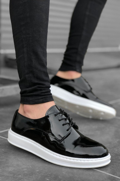 Erkek Siyah Beyaz Rugan Bağcıklı Casual Günlük Ayakkabı Yüksek Kalın Taban Hafif Rahat Taban Sneaker