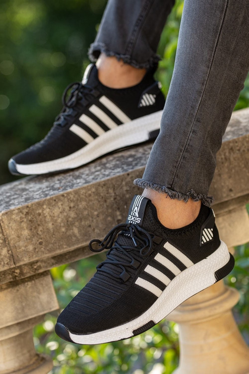 Unisex Siyah Beyaz Çizgili Günlük Rahat Hafif Kaliteli Sneaker Esnek Yürüyüş Spor Ayakkabı