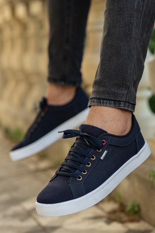Erkek Lacivert Casual Günlük Sneaker Dayanıklı Tasarım Düz Taban Keten Bağcıklı Spor Ayakkabı