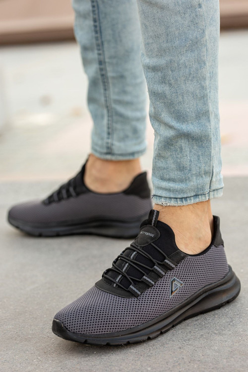 Erkek Siyah Füme Günlük Hafif Konforlu Bağcıklı Spor Ayakkabı Fileli Ortopedik Sneaker