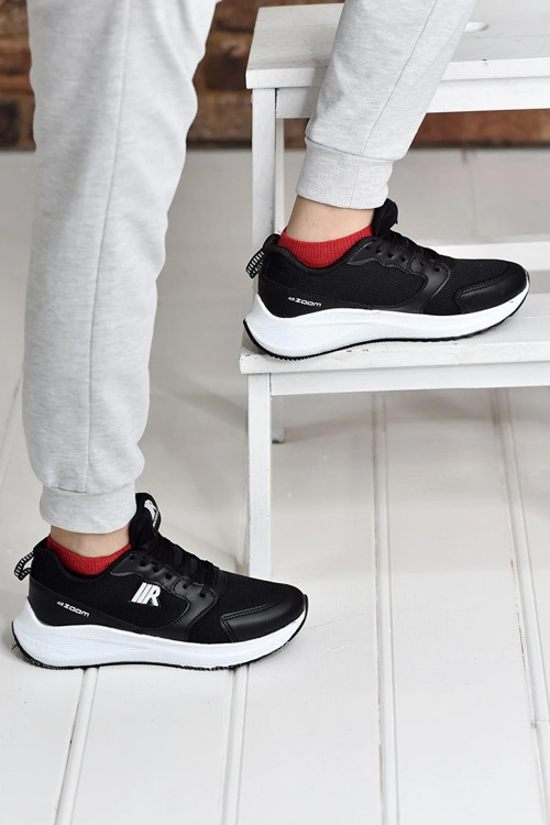 Kadın Siyah Beyaz Rahat Yürüyüş Koşu Ayakkabısı Fileli Hafif Kaymaz Taban Ortopedik Sneaker