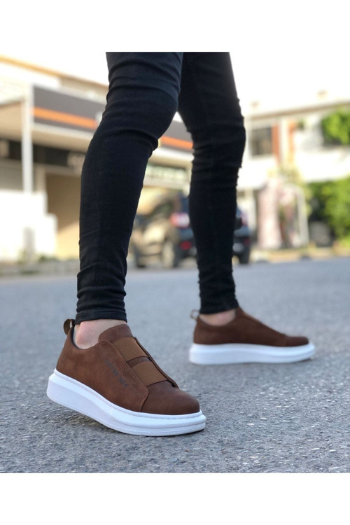 Erkek Taba Beyaz Spor Dayanıklı Cilt Deri Günlük Ayakkabı Yüksek Kalın Taban Bantlı Sneaker