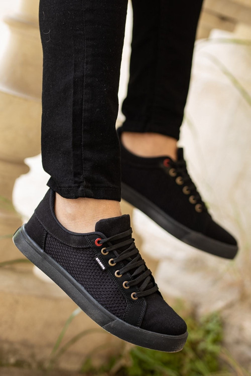 Erkek Siyah File Detaylı Bağcıklı Günlük Düz Rahat Taban Sağlam Casual Sneaker Spor Ayakkabı