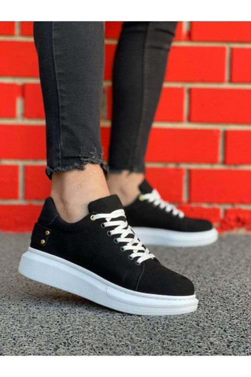 Erkek Süet Siyah Spor Günlük Ayakkabı Yüksek Kalın Beyaz Taban Bağcıklı Sneaker