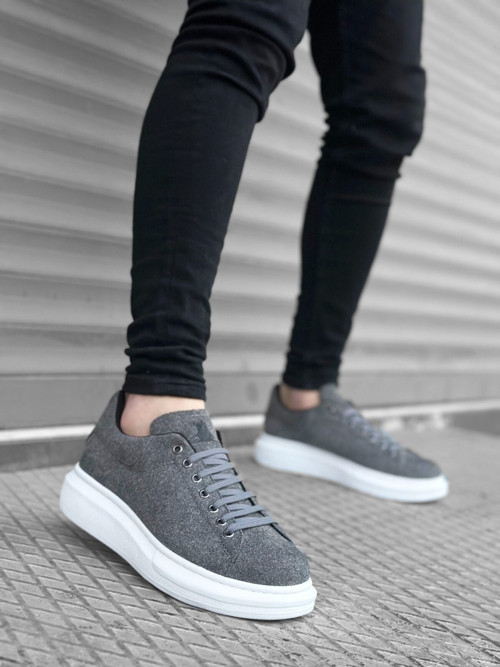 Erkek Süet Gri Beyaz Spor Günlük Ayakkabı Yüksek Kalın Taban Bağcıklı Sneaker