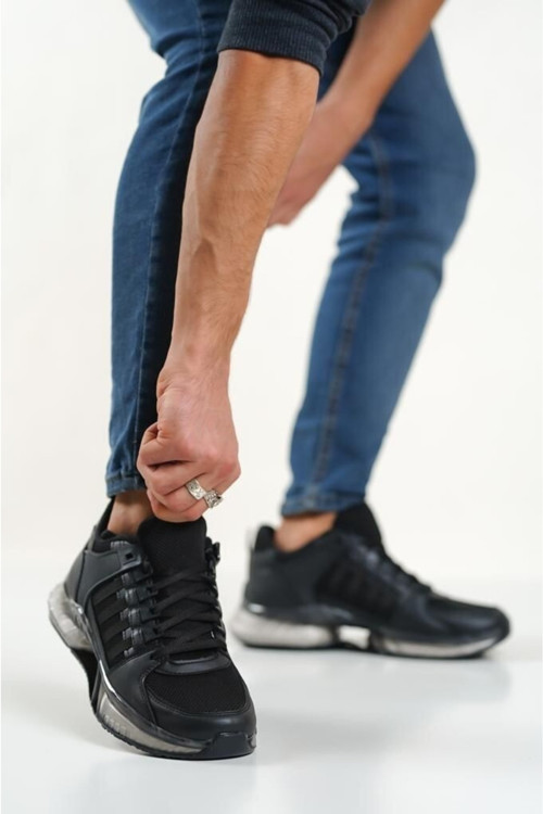 Erkek Siyah Siyah 4 Band Tarz Sneaker Jel Taban Spor Ayakkabı