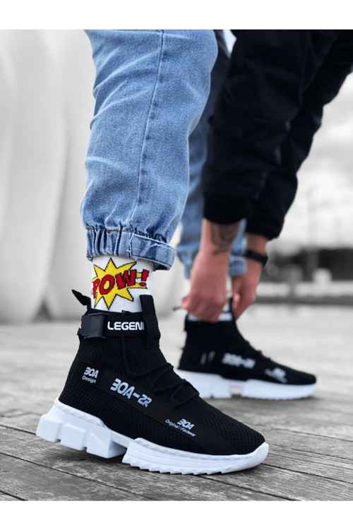 Erkek Siyah Beyaz Boğazlı Günlük Spor Ayakkabı Yazı Detaylı Fileli Kalın Kaymaz Taban Sneaker