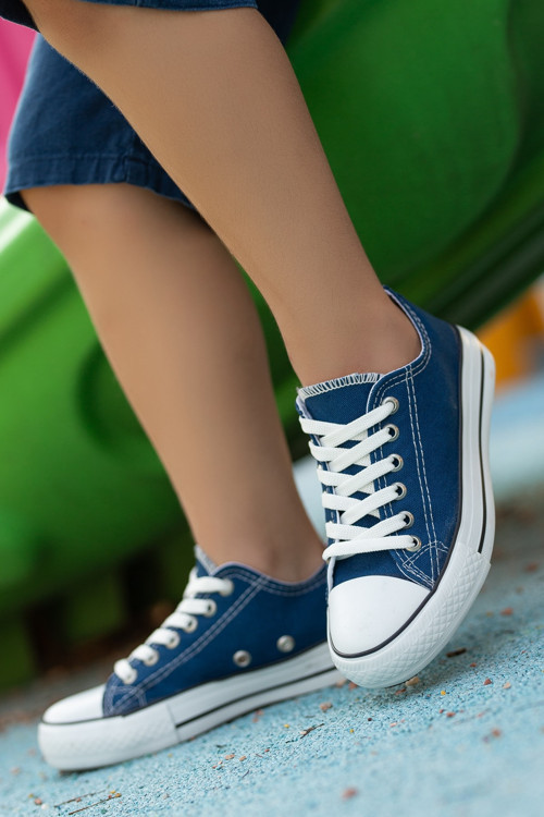Çocuk Kot Mavi Keten Bağcıklı Günlük Rahat Esnek Ortopedik Düz Taban Bez Ayakkabı Sneaker