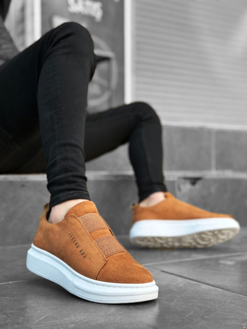 Erkek Süet Taba Beyaz Spor Dayanıklı Günlük Ayakkabı Yüksek Kalın Taban Bantlı Sneaker