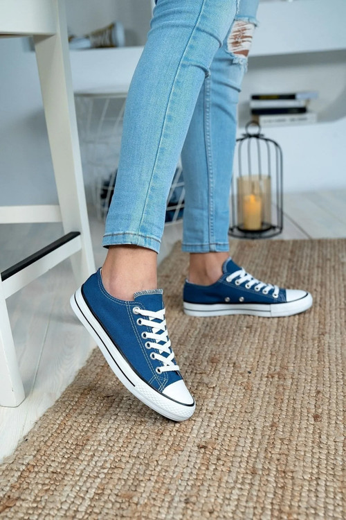 Erkek Kot Mavi Keten Bağcıklı Günlük Rahat Esnek Ortopedik Düz Taban Bez Ayakkabı Sneaker