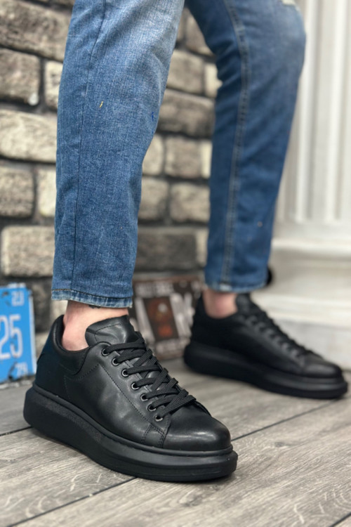 Erkek Siyah Günlük Bağcıklı Spor Ayakkabı Yüksek Kalın Taban Rahat Konforlu Tarz Sneaker
