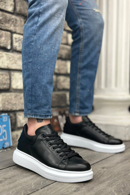 Erkek Siyah Beyaz Günlük Bağcıklı Spor Ayakkabı Yüksek Kalın Taban Rahat Konforlu Tarz Sneaker