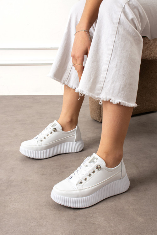 Kadın Beyaz Lastik Bağcıklı Casual Rahat Taban Konforlu Yumuşak Yürüyüş Günlük Sneaker Spor Ayakkabı