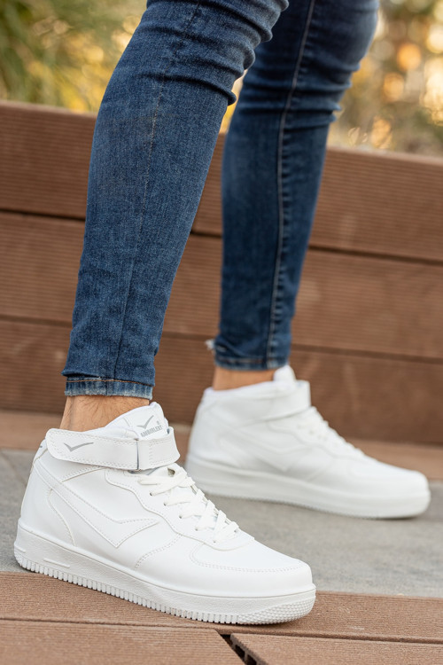 Erkek Beyaz Günlük Boğazlı Bağcıklı Sneaker Ortopedik Cırtlı Suni Deri Esnek Spor Ayakkabı