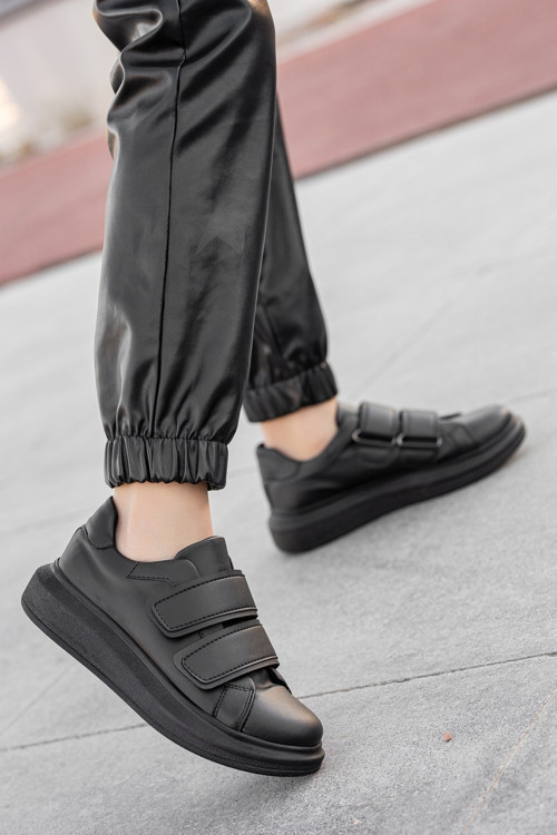 Kadın Siyah Bantlı Günlük Suni Deri Şık Sneaker Comfort Taban Yumuşak Hafif Spor Ayakkabı