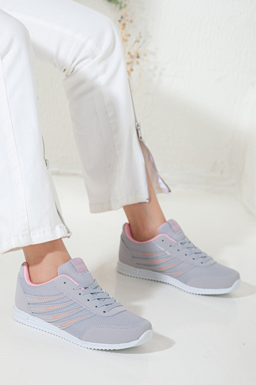 Kadın Gri Günlük Bağcıklı Düz Rahat Taban Yumuşak Konforlu Sneaker Yürüyüş Spor Ayakkabı