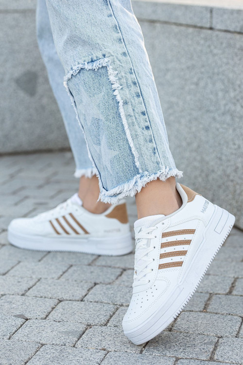 Kadın Beyaz Günlük Bağcıklı Çizgili Sneaker Hafif Rahat Kalın Taban Suni Deri Spor Ayakkabı