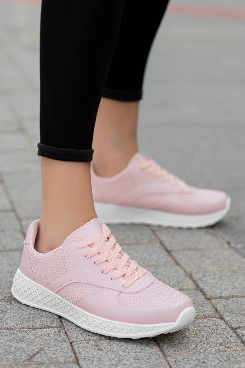 Kadın Pudra Casual Fileli Anorak Bağcıklı Hafif Sneaker Kaymaz Tabanlı Konforlu Koşu Ayakkabısı
