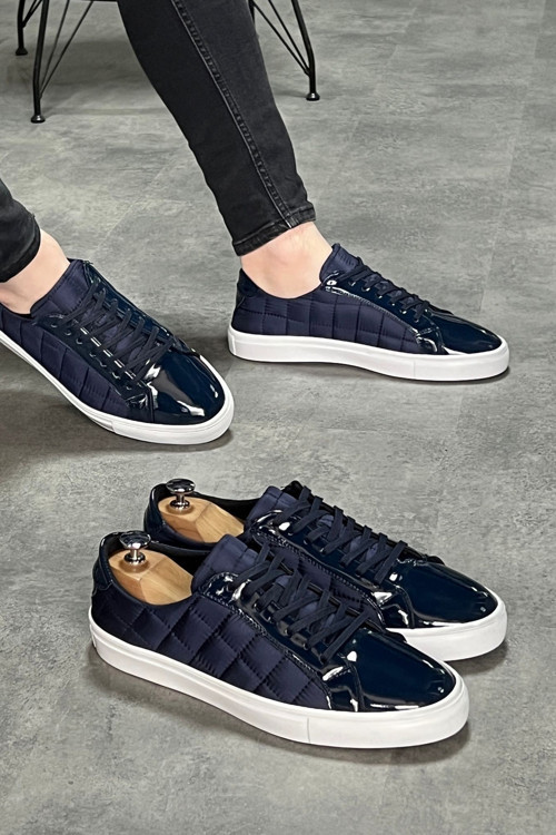 Erkek Lacivert Günlük Bağcıklı Suni Deri Konforlu Sneaker Ortopedik Taban Rahat Spor Ayakkabı