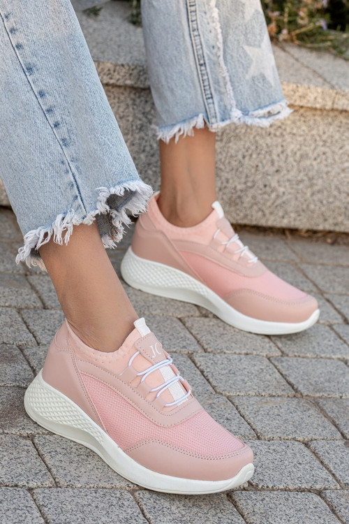 Kadın Pudra Beyaz Günlük Rahat Yumuşak Taban Sneaker Ultra Hafif Bağcıklı Şık Spor Ayakkabı