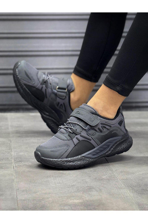 Çocuk Füme Siyah Bağcıklı Tek Cırt Cırtlı Esnek Hafif Nefes Alan Unisex File Sneaker Spor Ayakkabı