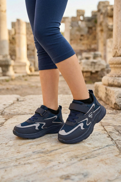 Çocuk Lacivert Bağcıklı Tek Cırt Cırtlı Esnek Hafif Nefes Alabilen Unisex File Sneaker Spor Ayakkabı