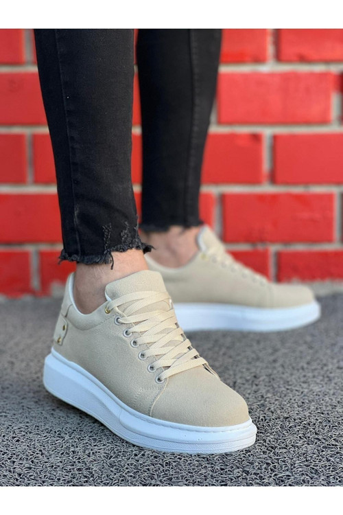 Erkek Süet Bej Spor Günlük Ayakkabı Yüksek Kalın Beyaz Taban Bağcıklı Sneaker
