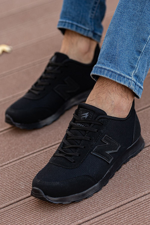 Erkek Siyah Günlük Bağcıklı Düz Rahat Sneaker Yumuşak Taban Casual Yürüyüş Ayakkabı Termo Taban