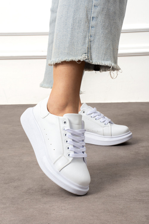 Kadın Beyaz Bağcıklı Casual Rahat Taban Konforlu Yumuşak Yürüyüş Günlük Sneaker Spor Ayakkabı