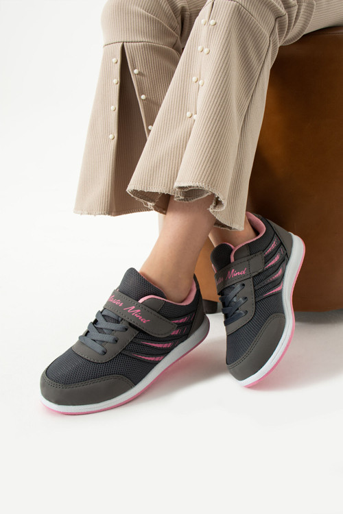 Çocuk Füme Pembe Bağcıklı Tek Cırtlı Esnek Hafif Nefes Alabilen Unisex Fileli Sneaker Spor Ayakkabı