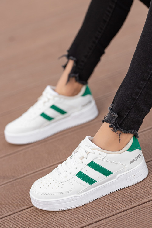 Kadın Beyaz Yeşil Çizgili Günlük Bağcıklı Sneaker Lifestyle Düz Taban Rahat Yürüyüş Ayakkabısı