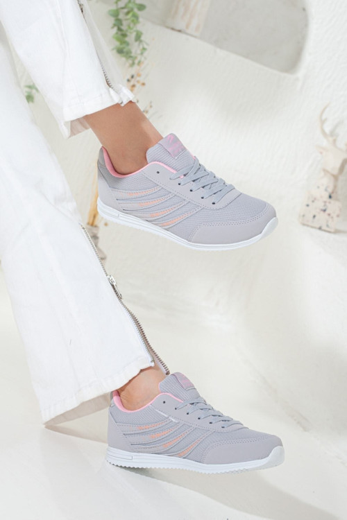 Kadın Gri Pembe Şeritli Bağcıklı Rahat Taban Nefes Alabilen Günlük Spor Ayakkabı Sneaker