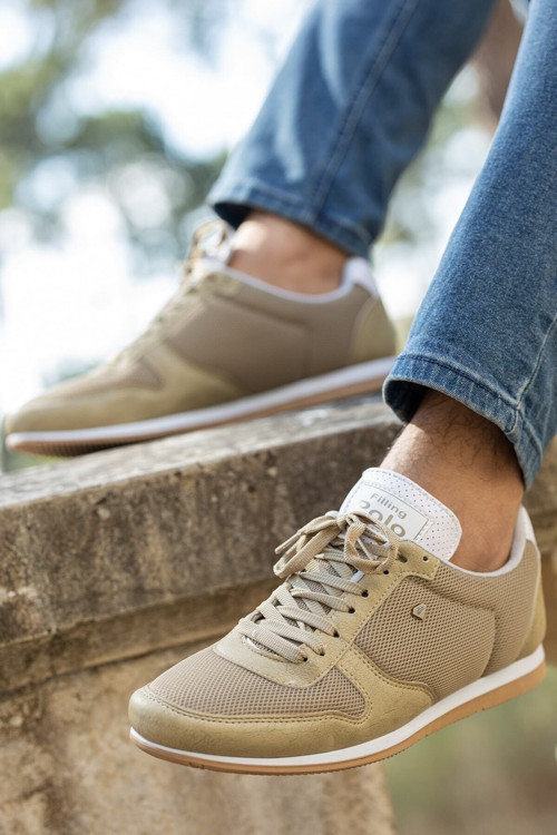 Erkek Bej File Detaylı Bağcıklı Günlük Düz Rahat Yumuşak Taban Casual Sneaker Spor Ayakkabı