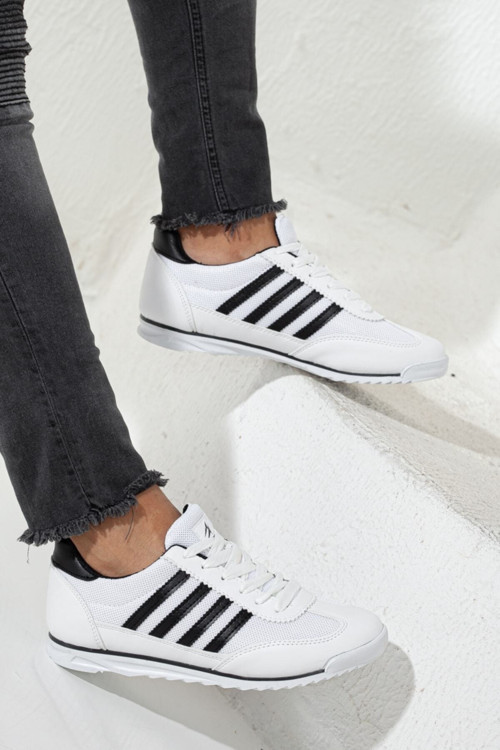 Erkek Beyaz Bağcıklı Düz Comfort Rahat Taban Casual Sneaker Esnek Yürüyüş Spor Ayakkabı Sneaker