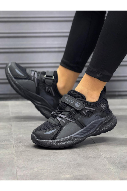 Çocuk Siyah Füme Bağcıklı Tek Cırt Cırtlı Esnek Hafif Nefes Alan Unisex Fileli Sneaker Spor Ayakkabı