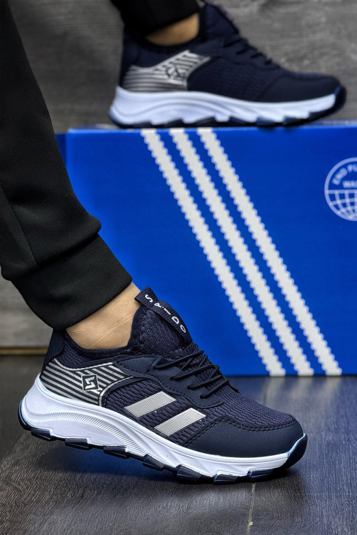 Çocuk Lacivert 2 Band Bağcıklı Ortopedik Esnek Hafif Nefes Alabilen Unisex Sneaker Spor Ayakkabı