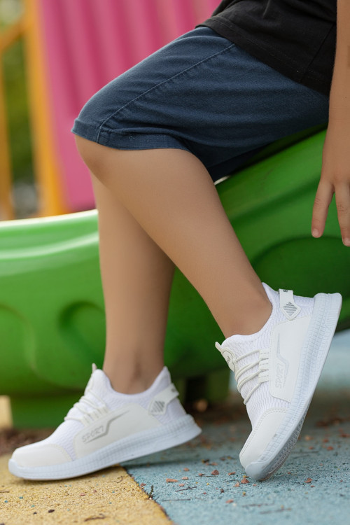 Çocuk Unisex Günlük Beyaz Bağcıklı Rahat Nefes Alan Triko Esnek Hafif Şık Sneaker Spor Ayakkabı
