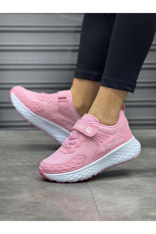 Çocuk Pembe Beyaz Bağcıklı Tek Cırtlı Esnek Hafif Nefes Alabilen Unisex File Sneaker Spor Ayakkabı