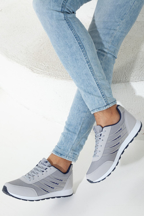 Erkek Gri File Detaylı Bağcıklı Günlük Düz Yumuşak Comfort Taban Casual Sneaker Spor Ayakkabı