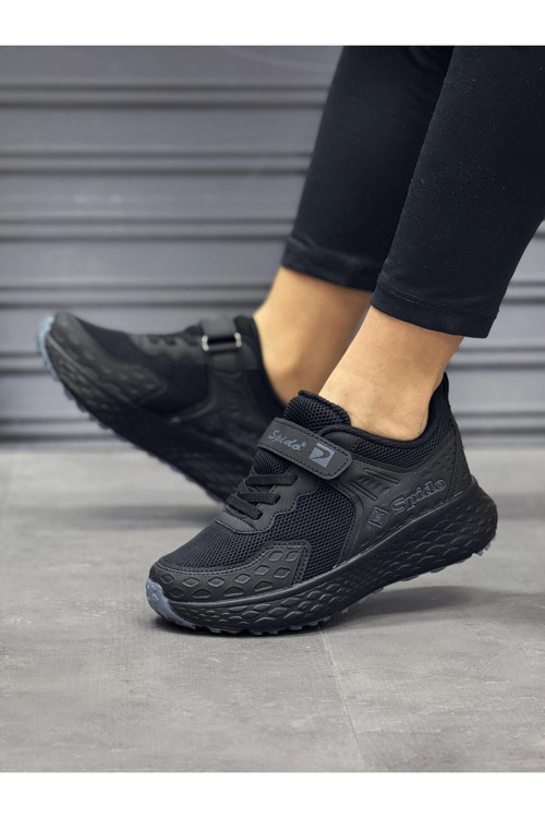 Çocuk Siyah Bağcıklı Tek Cırt Cırtlı Esnek Hafif Nefes Alabilen Unisex File Sneaker Spor Ayakkabı