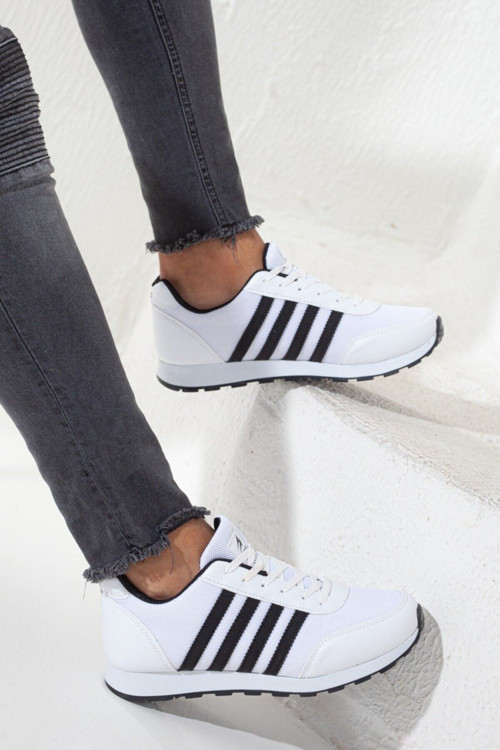 Unisex Beyaz Bağcıklı Nefes Alabilen Hafif Taban Konforlu Sneaker Yürüyüş Spor Ayakkabısı
